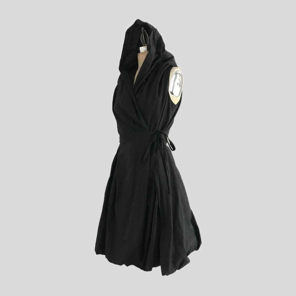 Patrizia Luca Milano Black Cotton Sleeveless Mini Hooded Bubble Dress Womens S